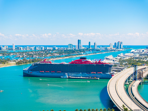 Miami, FL, USA - February 21, 2024:  Virgin Voyages Scarley Lady at Port of Miami