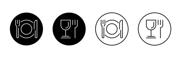 restaurant icon black outline for web site design and mobile dark mode apps 레스토랑 아이콘 블랙 아웃라인 에 대 한 흰색 배경에 벡터 일러스트 레이 션 - flash menu stock illustrations