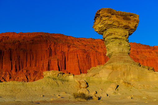 El Hongo, Ischigualasto Provincial Park, La Rioja Province, Argentina. The park, also called Valle de la Luna (Valley of the Moon), and known for its dinosaur fossils, is a UNESCO World Heritage Site.