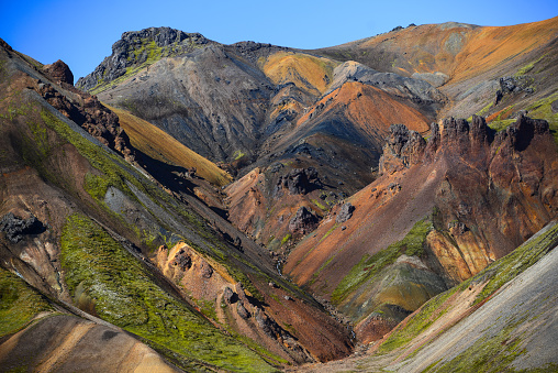 The rugged, multi-coloured rhyolite hills of Landmannalaugar, Fjallabak Nature Reserve, Central Highlands, Iceland.