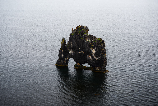 A moody morning view of the Hvítserkur basalt sea stack, Northern Iceland.