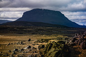 The flat-topped Herðubreið volcano dominates the landscape of the Central Highlands