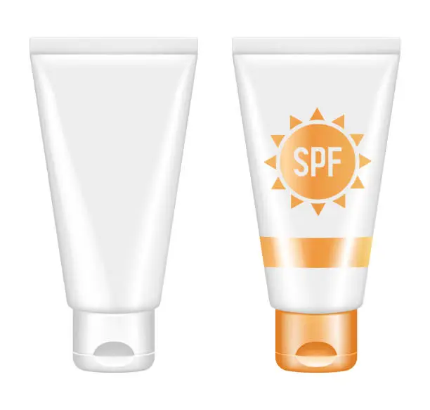 Vector illustration of Sunscreen. Tube of spf cream. Vector 3D illustration isolated on white background.
