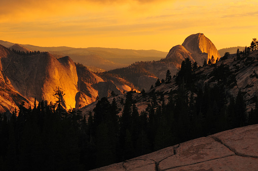Sunset on Half Dome from Olmsted Point, Yosemite National Park, California, USA.