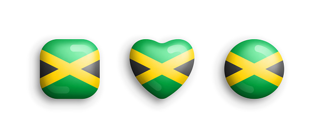 Jamaica Official National Flag 3D Vector Glossy Icons In Rounded Square, Heart And Circle Shapes Isolated On White. Jamaican Sign And Symbols Graphic Design Elements Volumetric Buttons Collection
