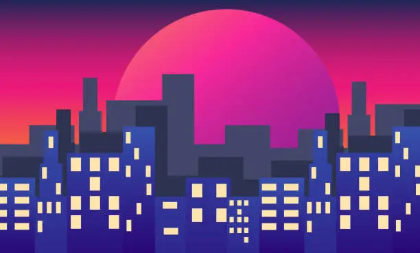 Vector illustration of Retro futuristic synthwave retrowave styled night cityscape with sunset on background. Cover or banner template for retro wave music.