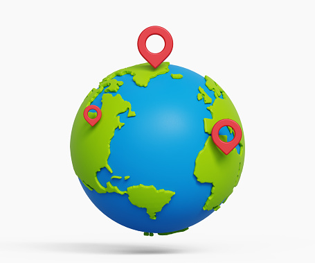 Travel destination icon. Travelling around the world. Summer vacation, trip in various country, travel pin location on a global map. 3d illustration