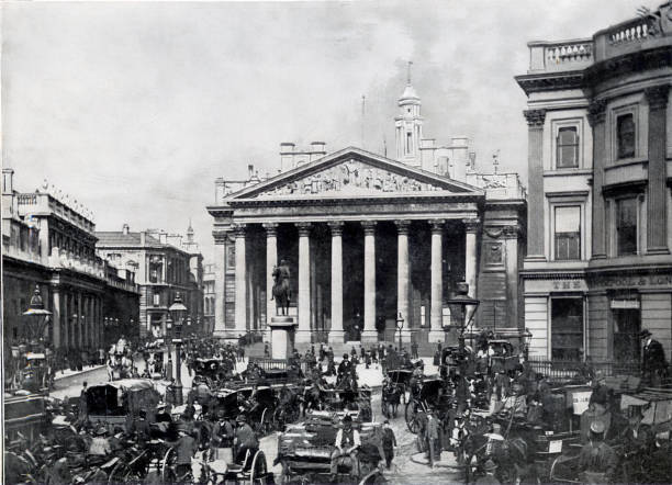 bank of england a royal exchange v londýně anglie provoz rušná silnice vinobraní 19. století fotografie - akciový trh a burza fotky - stock snímky, obrázky a fotky
