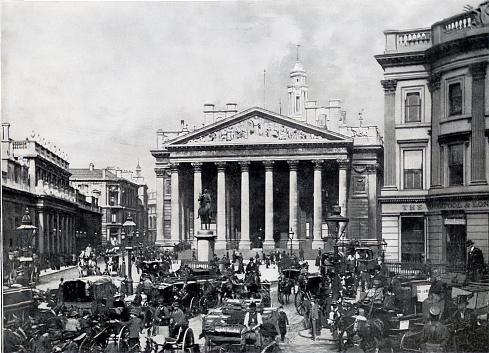 Vintage photograph of Busy city street outside the Bank of England, London, Victorian 19th Century