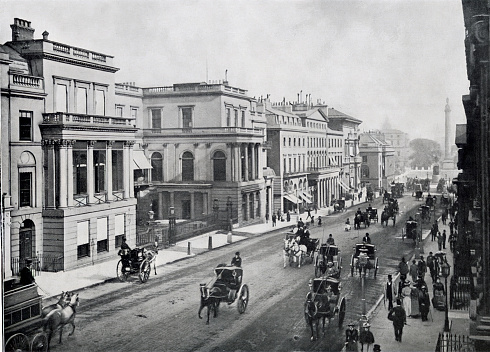 Lower Regent Street with horse drawn taxi and stagecoaches on road