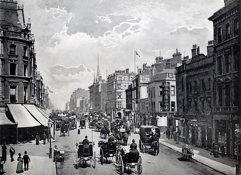 Antique photograph of Horsedrawn trams on Sackville Street, Dublin, Ireland, with Nelson's column in the background. 19th Century