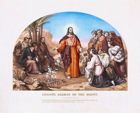 Vintage image features the Sermon on the Mount, a central teaching of Jesus (found in the Gospel of Matthew) which outlines core principles of Christian morality and spirituality. It covers a wide range of topics including the Beatitudes, ethical teachings, love and compassion, prayer and spiritual discipline, and judgment. Through vivid metaphors like the lilies of the field, Jesus emphasizes trust in God's provision, simplicity, and prioritizing spiritual values over material concerns.