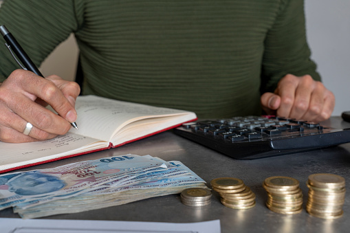 Businessman counting Turkish money.