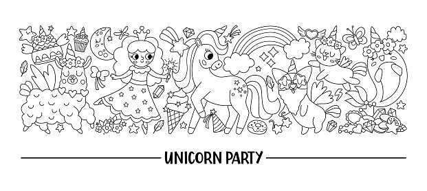 Vector horizontal black and white set with cute characters for unicorn party. Fairytale line card template design for banners, invitations, postcards. Magic fantasy world border coloring page