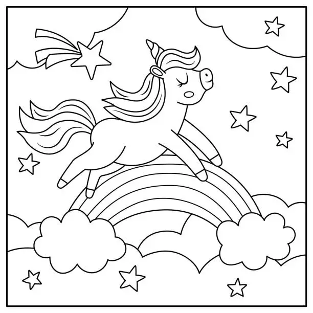 Vector illustration of Vector black and white square background with unicorn running above the rainbow under night sky. Magic world line scene. Fairytale landscape coloring page. Cute horse illustration for kids