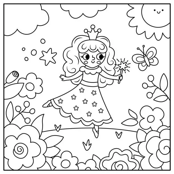 Vector illustration of Vector black and white square background with fairy princess with flowers. Magic or fantasy world line scene. Fairytale landscape or coloring page. Cute sunny day illustration for kids