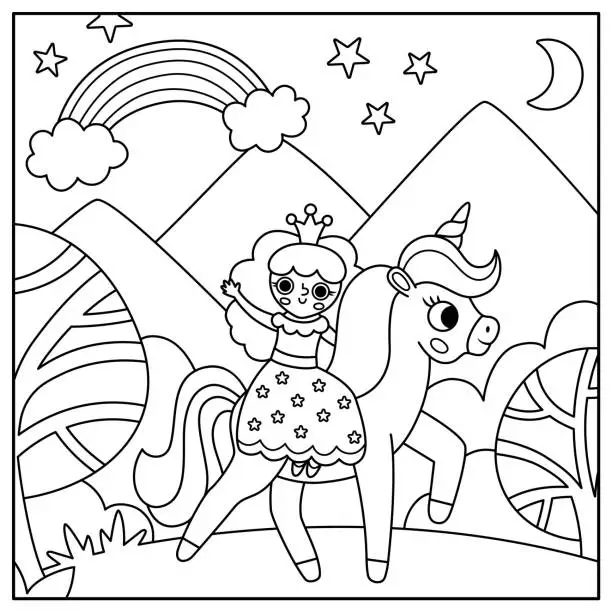 Vector illustration of Vector square background with fairy princess riding unicorn. Magic or fantasy world scene. Fairytale line landscape with forest, mountains, rainbow. Cute night sky illustration or coloring page for kids
