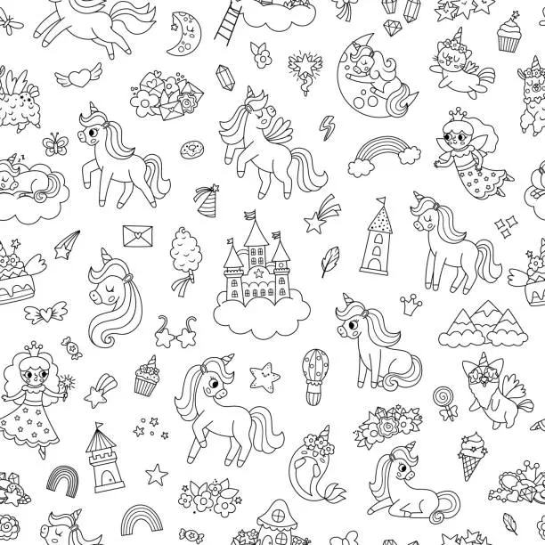 Vector illustration of Vector black and white unicorns seamless pattern. Repeat background with fairytale characters, animals with horn, rainbow, falling star, crystal. Fantasy world digital paper with castle, princess, moon