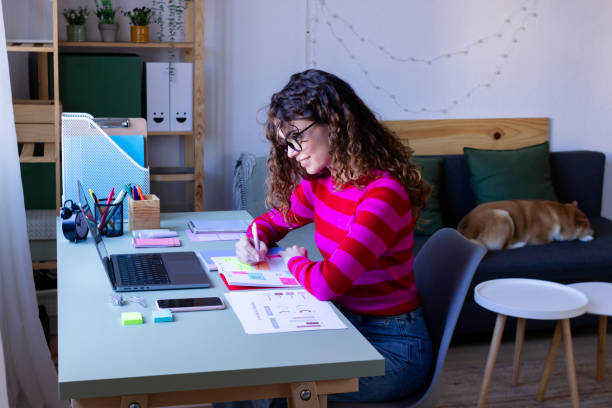 istock Young woman working from home with pet dog 2033194666