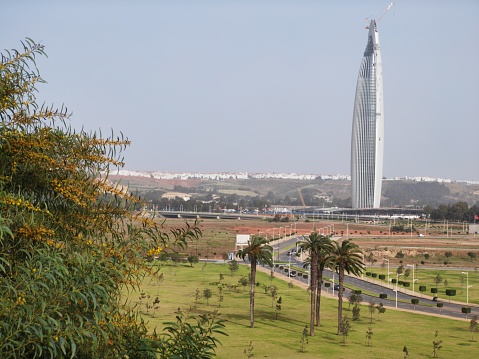 View of Mohammed VI Tower from Mausoleum of Mohammed V compound.