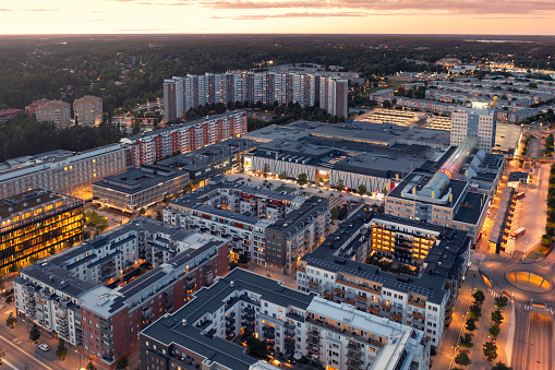 Aerial view of modern apartment buildings and the shopping mall at Täby centrum in the Täby municipality outside Stockholm.