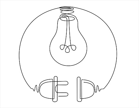 continuous One line drawing of Electrical outlet, plug unplugged and light bulb. Time out.