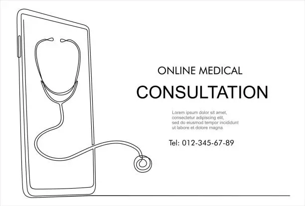 Vector illustration of Online medical consultation app mobile applications. Digital healthcare medicine diagnosis concept banner. Smartphone and stethoscope on screen. One line continuous line art