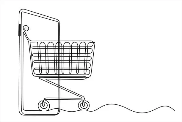 Vector illustration of Continuous one single line drawing of smartphone with shopping cart. Mobile online shopping icon vector illustration concept