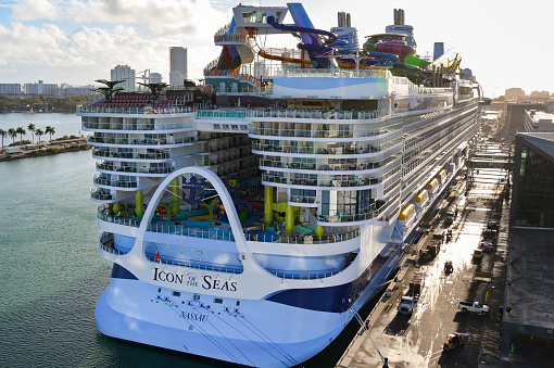 Miami, Florida, USA - 27 January 2024: Rear view of the biggest cruise ship in the world, Icon of the Seas, which is operated by Royal Carribean International
