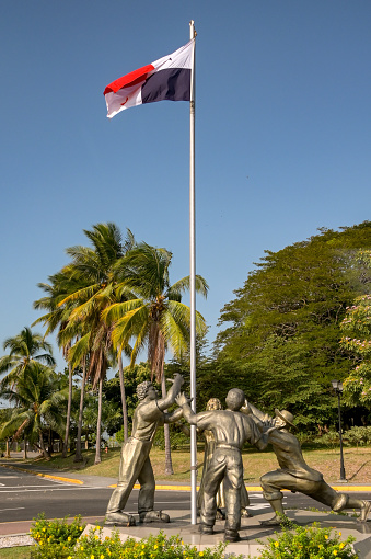 Panama City, Panama - 22 January 2024: Monument entitled Los Pilares de la Patria on the outskirts of Panama City on a roundabout at the start of the Amador cuaseway