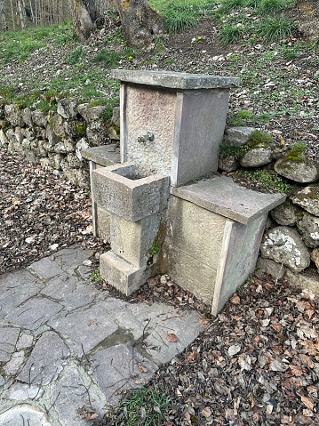 The photo shows a stone fountain in the middle of a green forest, is made of stone and has a simple, rustic design.