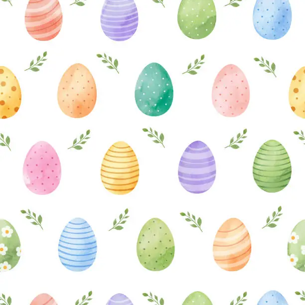 Vector illustration of Easter seamless pattern with decorated eggs hand painted in watercolor.