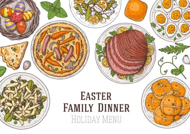 Vector illustration of Easter food hand drawn. Vector illustration. Festive table with Easter food. Hand drawing illustration. Menu set.