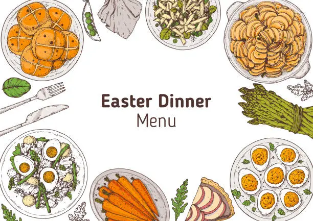 Vector illustration of Easter food hand drawn. Vector illustration. Festive table with Easter food. Hand drawing illustration. Menu set.