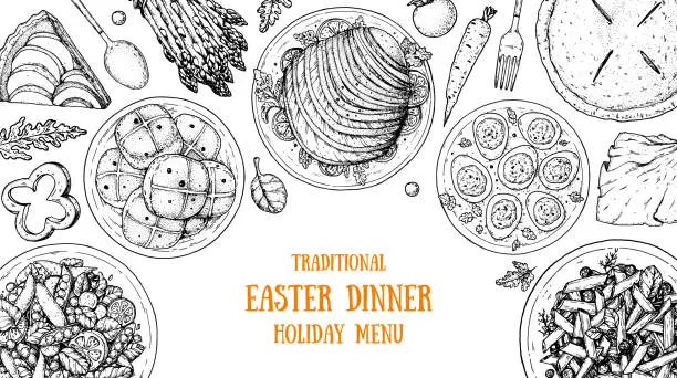 Vector illustration of Easter food hand drawn sketch. Vector illustration. Festive table with Easter food. Engraved illustration. Menu set.