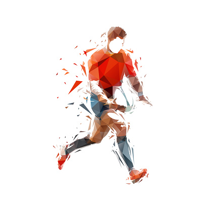 Rugby player kicking ball, low poly isolated vector illustration. Team sport athlete