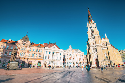 04 January 2024, Novi Sad, Serbia: panoramic views of Novi Sad's charming town square, adorned with the majestic cathedral as its centerpiece, offering a beautiful backdrop for vacation in Serbia.