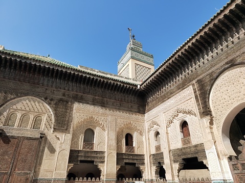 Beautiful stone balcony in the historical part of the city. Arabic architecture of the Byzantine period.