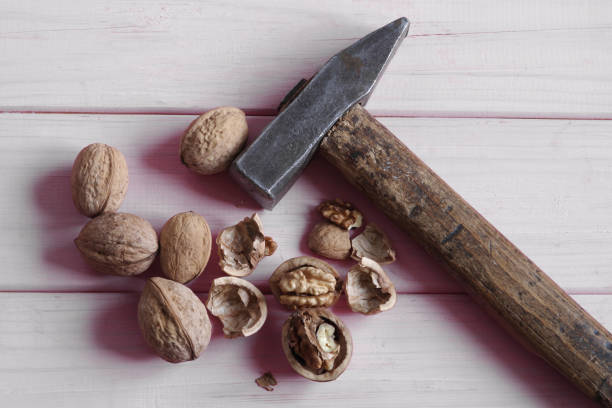 Close-Up of an Elderly Man Cracking Walnuts with a Hammer: Detailed View of the Weathered Hand and the Precise Motion of the Tool