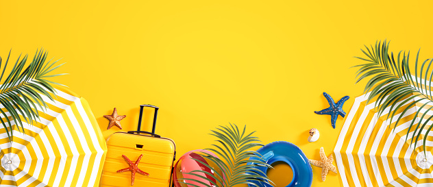Beach umbrella with summer accessory and luggage on vibrant yellow background with copy space. Ready for summer vacation concept. 3D Rendering, 3D Illustration