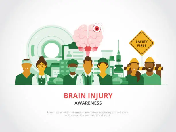 Vector illustration of Concept of brain injuries, features patients, healthcare team with medical supplies and individuals who have taken safety measures, such as wearing helmets to minimize potential head damage