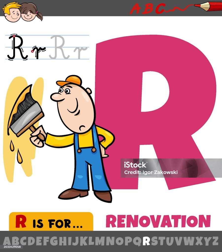 Grade R Sign Cartoon Letter R Worksheet With Cartoon Renovation Phrase Stock Illustration ...