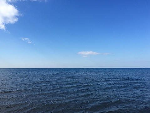 Sea or ocean and sky background with copy space. Horizon over water. Vibrant color sea surface and cloudy sky background