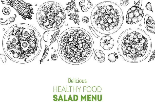 Vector illustration of Hand drawn salads. Food top view vector illustration. Healthy eating. Salads collection. Food menu design template. Hand drawn sketch.