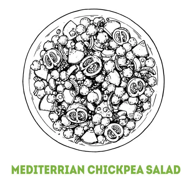 Vector illustration of Mediterranean chickpea salad hand drawn sketch. Top view. Vegan food. Vector illustration.