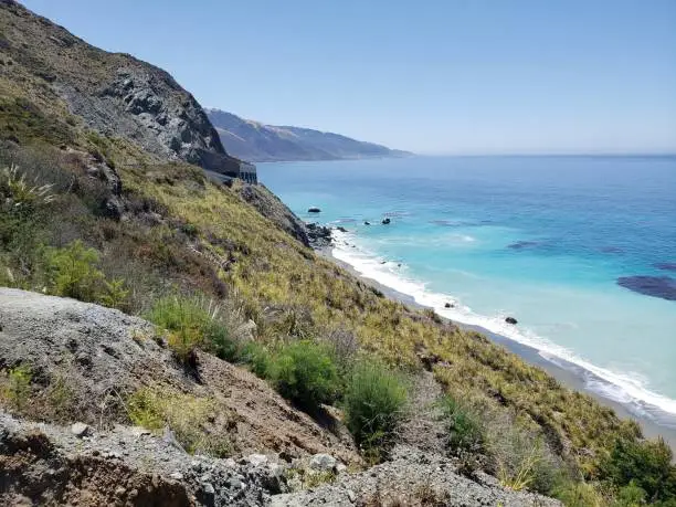 Blue ocean next to California cliffs