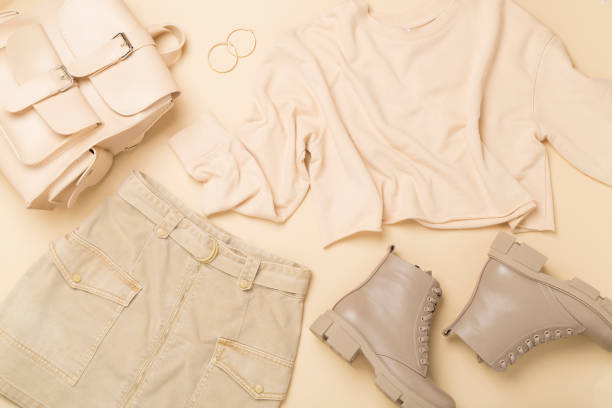 istock Flat lay with trendy spring outfit on color background, top view 2033505694