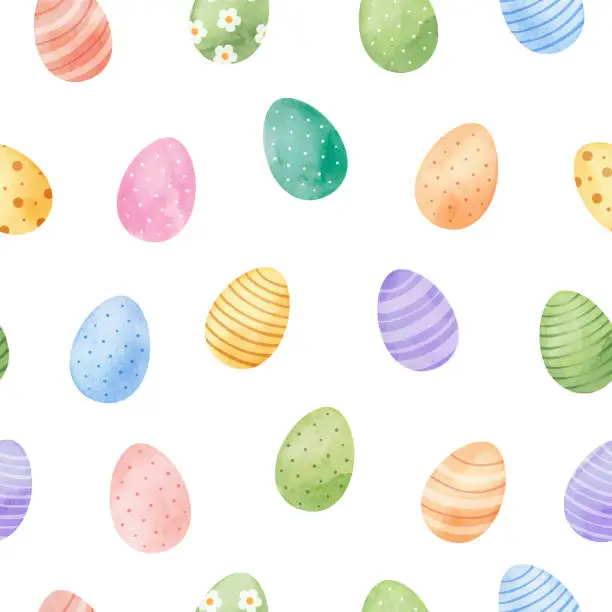 Vector illustration of Easter seamless pattern with decorated eggs hand painted in watercolor.