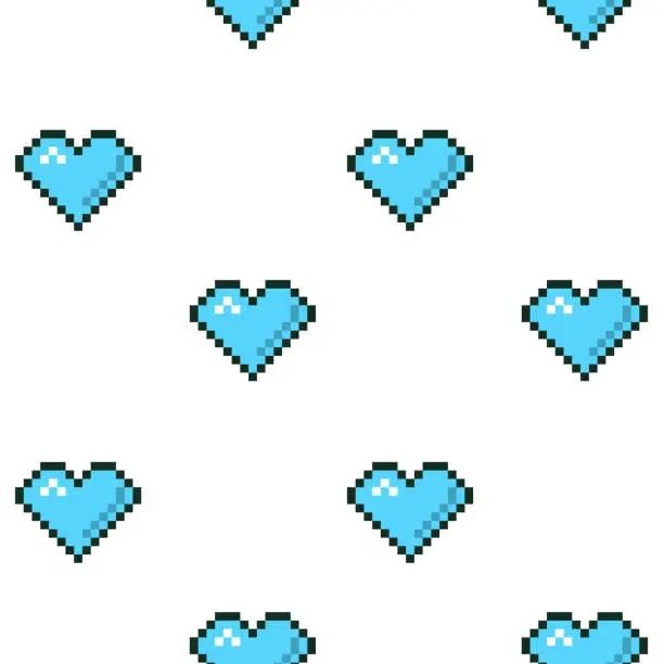 Vector illustration of Valentine's Day Pixel Hearts, 1990 - 1999 style, Raining Pixels, Heart Shape, Video Game UI, User Interface, Flat Design, Loopable Animated Blue Hearts Background