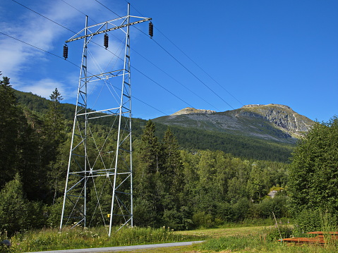 Power line in Innerdalen valley, Norway, Europe